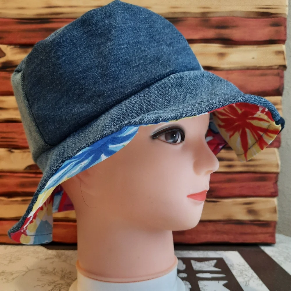 Handmade denim patch scrap bucket Hat M-L tie dye brim